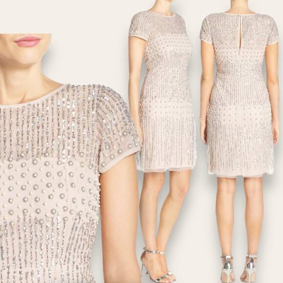 NWT ADRIANNA PAPELL DRESS SEQUIN PEARL BEADED SHEER MESH PINK LIGHT SHELL BLUSH - Picture 1 of 15
